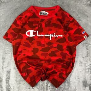 Authentic BAPE X Champion Red Camo Logo Spellout Graphic T-shirt Size Large